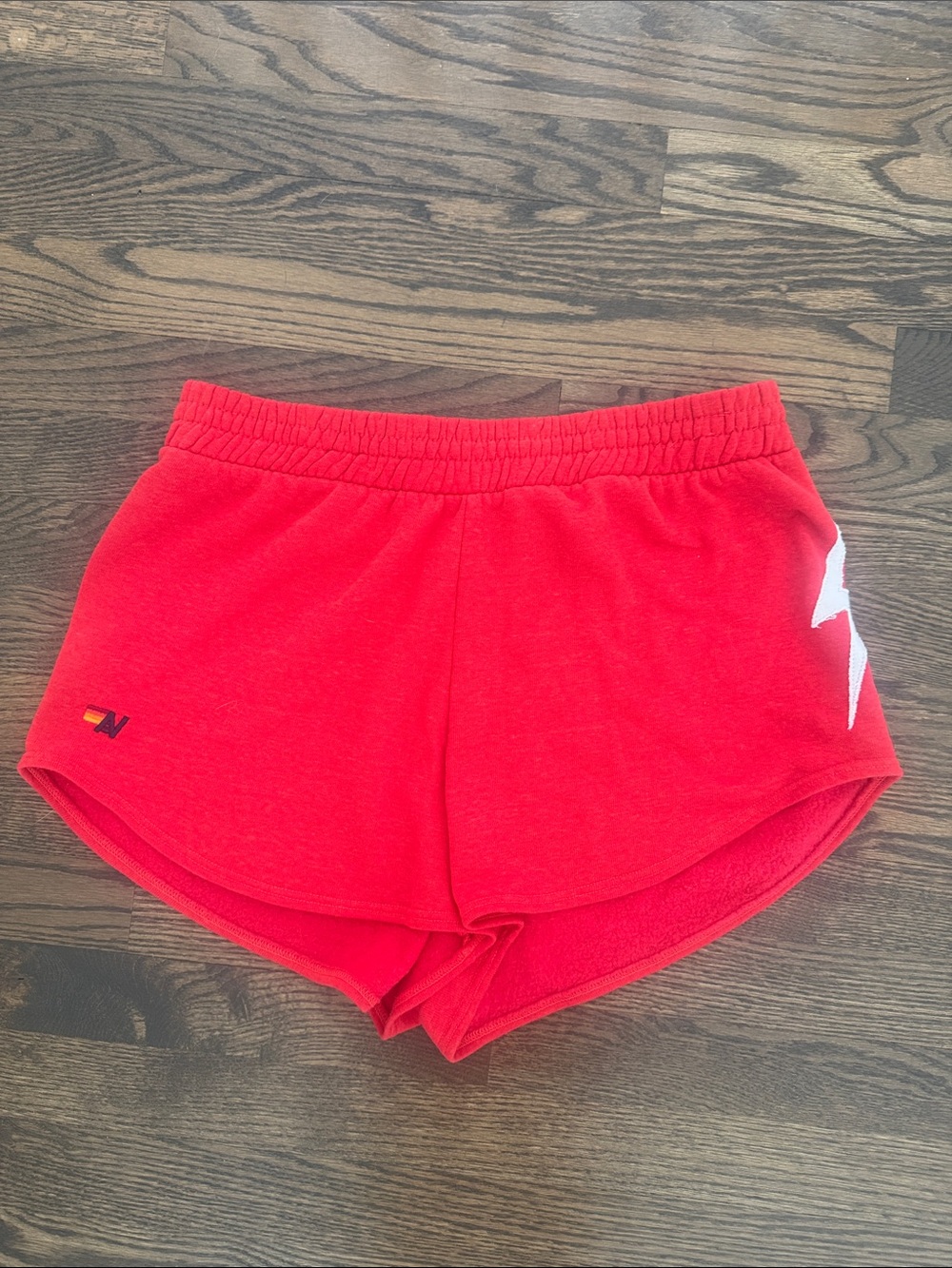 Aviator Nation Red Athletic Shorts with White Lightning Accent